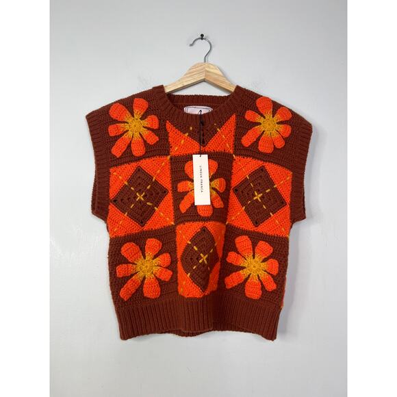 NWT Lingua Franca Argyle Flower Crochet Sleeveless Vest Sweater Top Orange - Picture 2 of 9